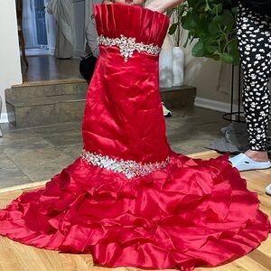 Elegant Red Strapless Gown with Embellishments